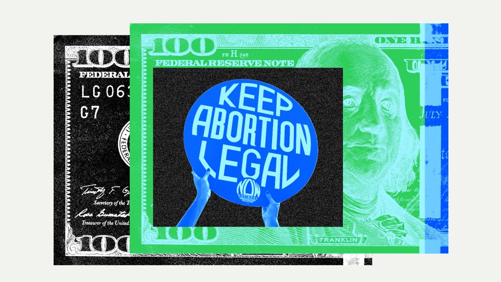 A collage featuring a "Keep Abortion Legal" sign and a copies of a stylized $100 bill. The pieces of the collage have blue, green, and grey tints.