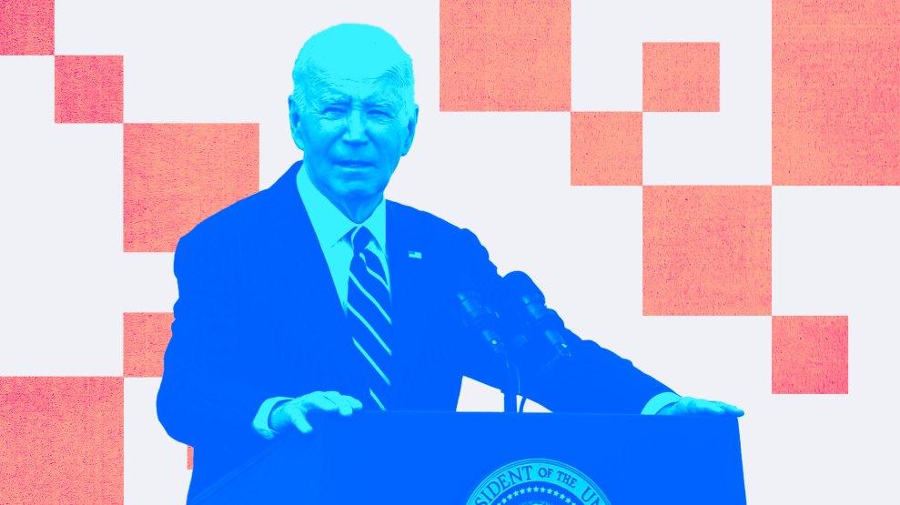 A cutout image of Joe Biden speaking at a podium in front of an artistic background. Joe Biden is tinted blue and the background has an orange and pink rectangular geometric pattern.