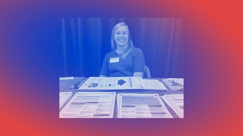 A photo of a white woman with blonde hair sitting down with provisional ballots in front of her. There is a blue/red gradiant on top of the image.