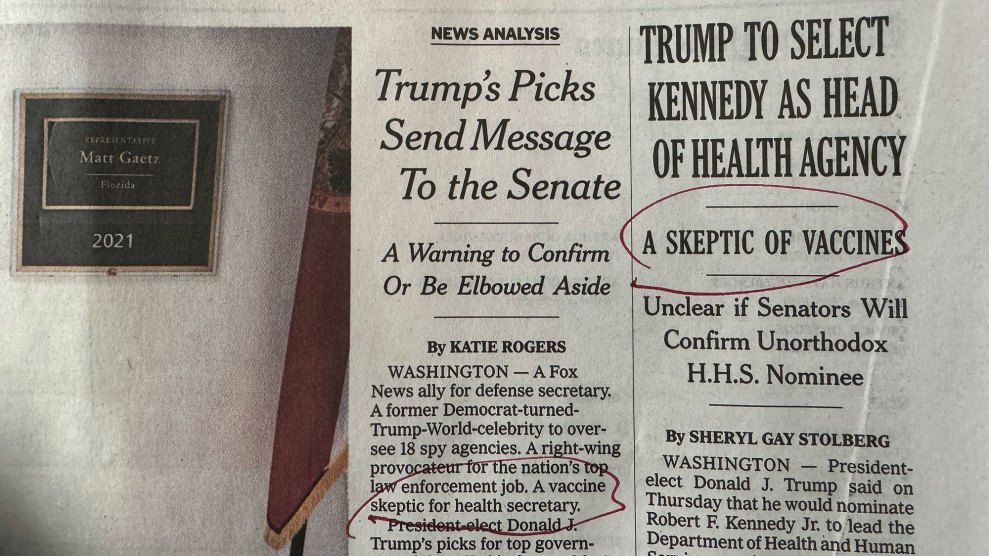 A recent front page of the New York Times, with two passages about RFK Jr.'s climate "skepticism" circled