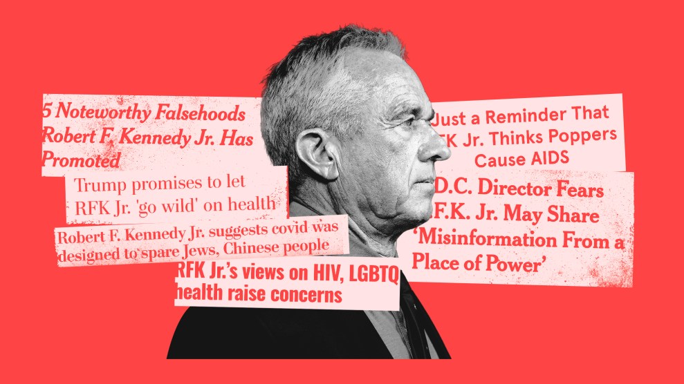 A collage that centers a profile portrait of RFK Jr. in black and white. Around him are headlines, some of which read: "Trump promises to let RFK Jr. 'go wild' on health;" "RFK Jr.'s views on HIV, LGBTQ health raise concerns;" "Just a Reminder that RFK Jr. Thinks Poppers Cause AIDS"