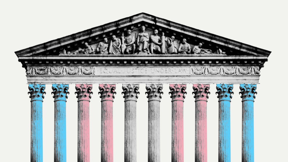 Photo illustration of the Supreme courthouse with ten columns; the columns are colored light blue, pink, and white, in a pattern that recreates the Trans Pride flag.