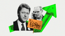 A collage that features Bill Clinton and his campaign advisor James Carville, who is holding mobile phone up to his ear with his right hand. Intertwined in the illustration with the two men is a sign that reads 'It's the Economy Stupid,' and a dollar bill folded in the shape of an arrow that's shooting upward on the right end after a chaotic dip.