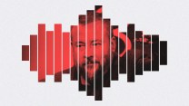 Tightly cropped photo of the face of a caucasian man with mustache and beard looking to our left out of the corners of his eyes. He's bathed in a red and black gradient and his image is contained in vertical thinly shaped rectangular bars, evocative of audio graphic equalizer.