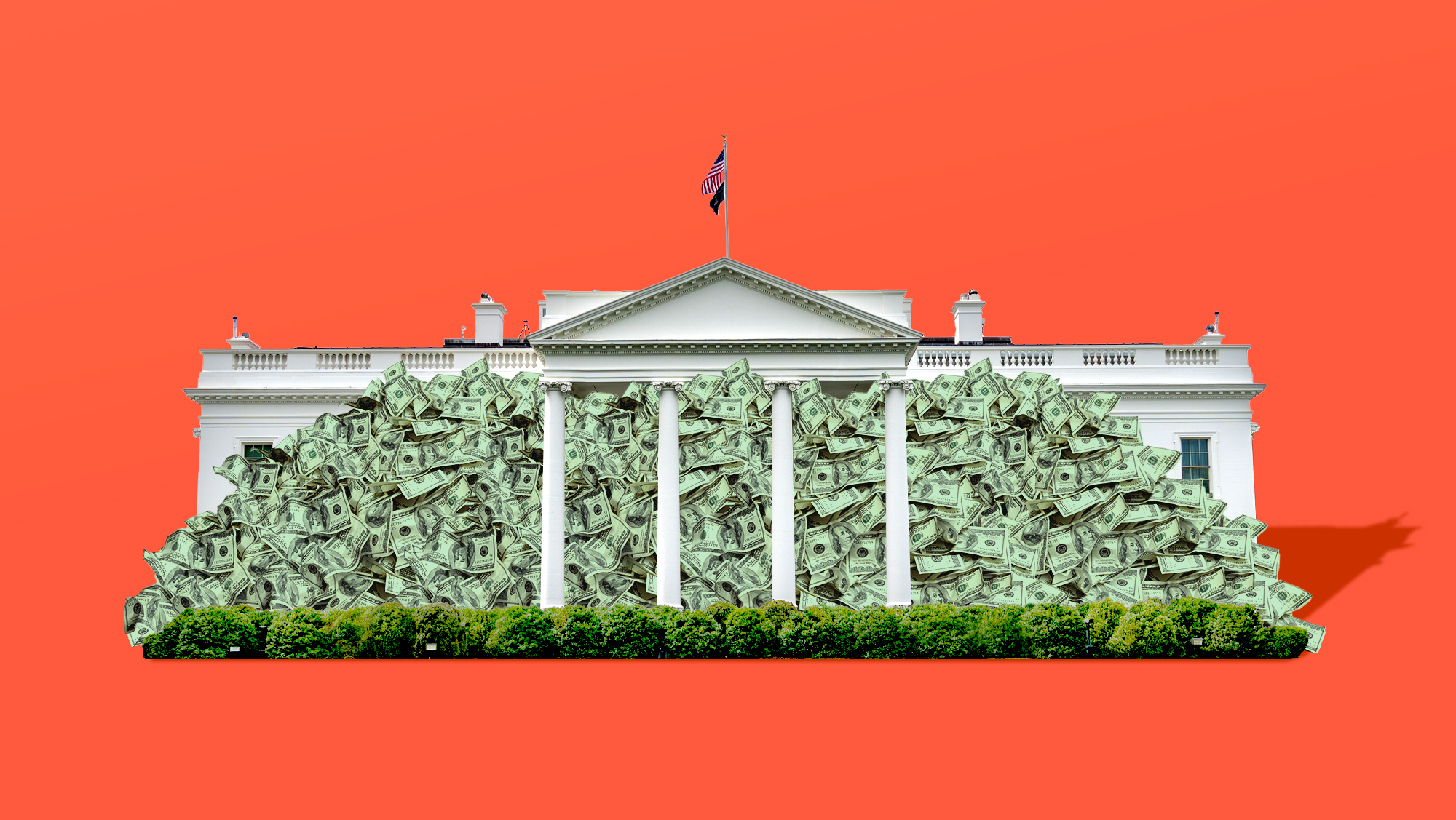 Photo illustration of the White House overflowing with $100 bills.