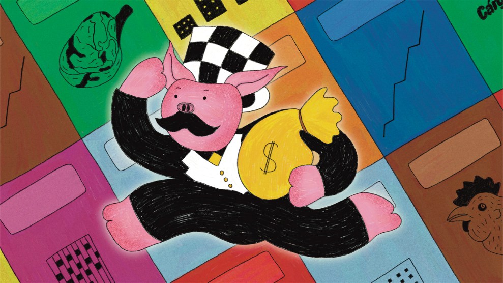 Illustration of a pig dressed as the Monopoly Man,