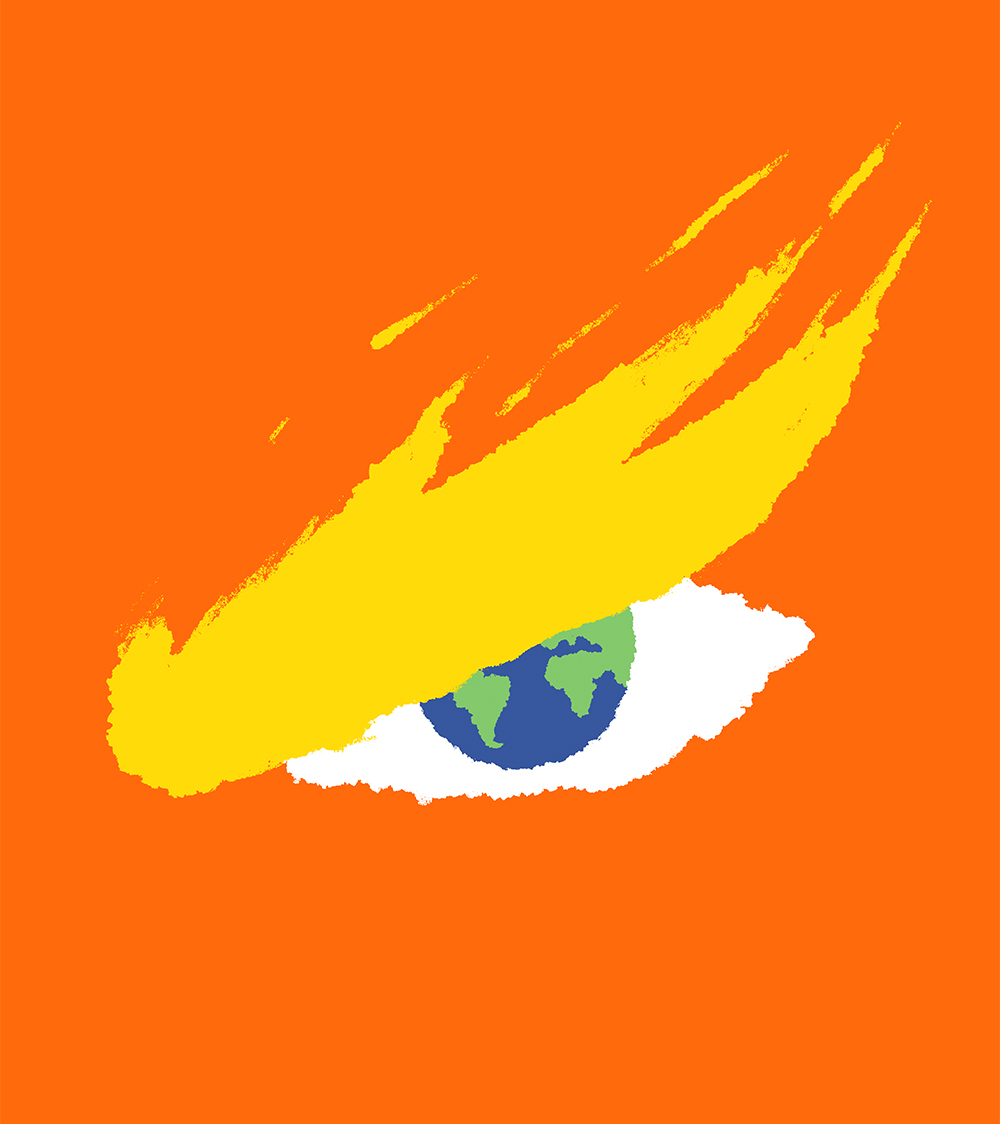 Donald Trump's left eye, iris replaced by Earth and eyebrow resembling a wildfire.