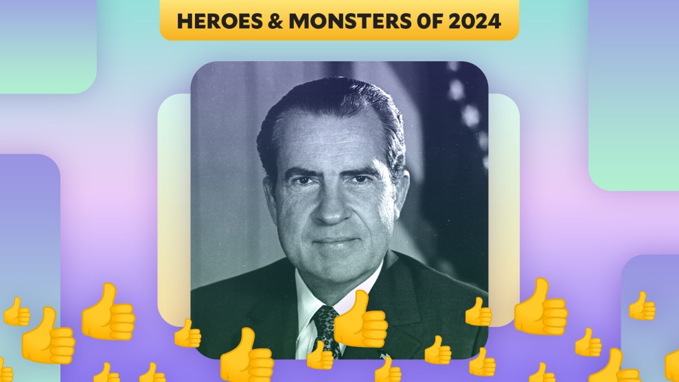 A blue-tinted image of Richard Nixon, with thumbs-up emojis layered on top.