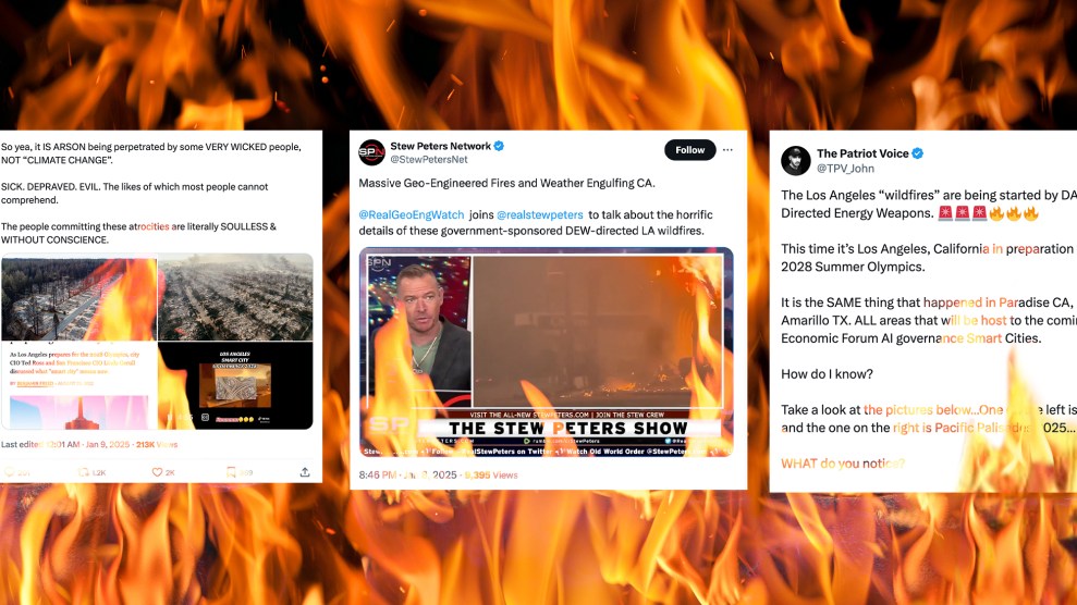 Screenshots of social media posts about various conspiracies and disinformation regarding the Los Angeles wildfires are engulfed in flames.