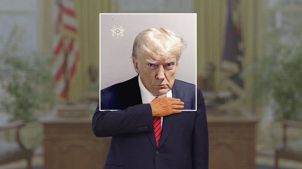 A photo illustration of Donald Trump in the oval office with his hand over his heart. An oversized image of his mugshot is covering his face.