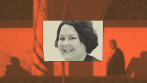 A photo illustration that layers two images. At the center is Amy Gleason's smiling, tightly cropped government photo in light beige and black. Behind her image in the background is an out-of-focus photo of Donald Trump in the White House garden colored in shades of red.