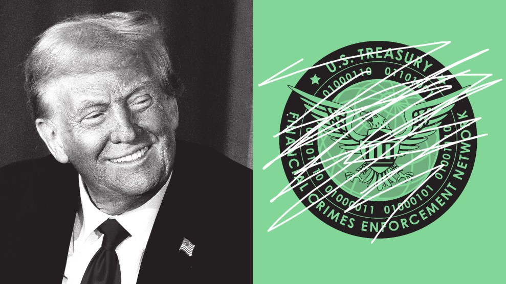 Photo illustration of Donald Trump grinning on the left, and the official seal of the US Treasury Financial Crimes Enforcement Network, which has been scribbled over, on the right.