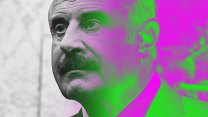 A black-and-white image of Dr. Phil McGraw with half his face covered in a pink-and-green color treatment.