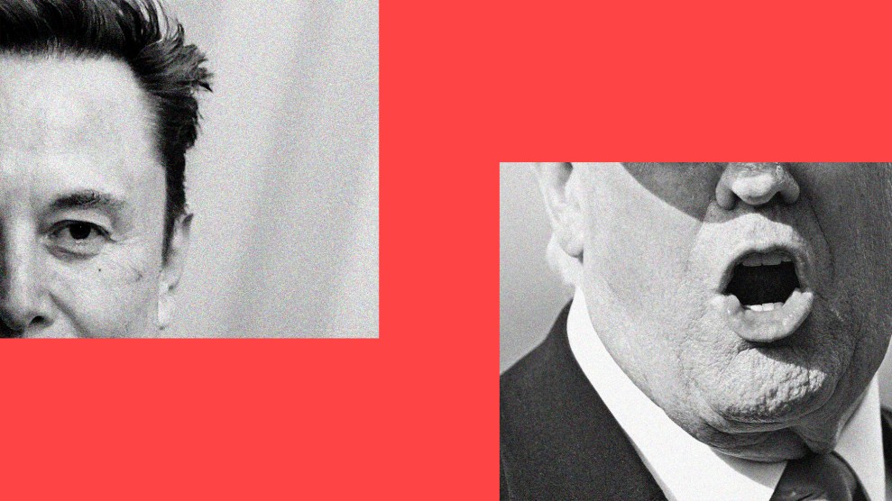 Two tightly cropped black-and-white photos of Elon Musk and Donald Trump against a horizontal red background. Musk's photo, a square on the upper left, shows his face from his nose to the ends of his hair, as his left eye he stares back at the viewer. Trump's photo, a square on the bottom right, is cropped from the bridge of his nose to the top of his tie, showing him speaking at the viewer.