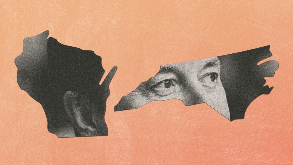 A digital collage featuring the silhouettes of Wisconsin and North Carolina, each cut out to reveal black-and-white photographic elements. Within the Wisconsin shape, a partial profile of a man’s head is visible, while the North Carolina shape contains a close-up of his eyes. The man appears to be Elon Musk.