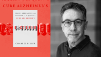 A diptych with a photo of the author, Charles Piller, on the right and the cover of his book, "Doctored," on the left. Piller, who is middle-aged, is pictured in black and white. He has a graying stubble beard, short dark hair that's graying around the temples, and he is wearing black glasses and a dark button-up shirt.