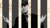 Photo illustration of Elon Musk wearing a MAGA hat with his hands raised standing behind bars as if locked away; the bars are made of strips of the US Constitution.