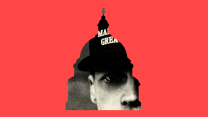 A photo illustration of a white male figure wearing a Make America Great Again baseball cap peering through a shape in the form of the US Capitol dome. The image is black and white, and it's placed against a horizontally rectangular bright red background.