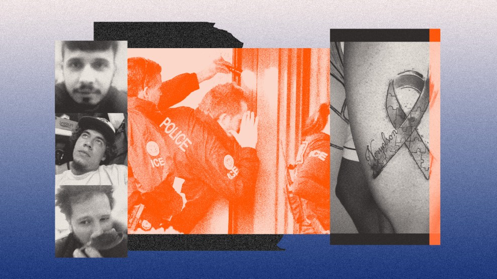 A collage featuring three black-and-white portraits of young men on the left, a central orange-tinted image of ICE officers in police jackets peering into a doorway, and on the right, a close-up of a tattoo on someone’s leg.