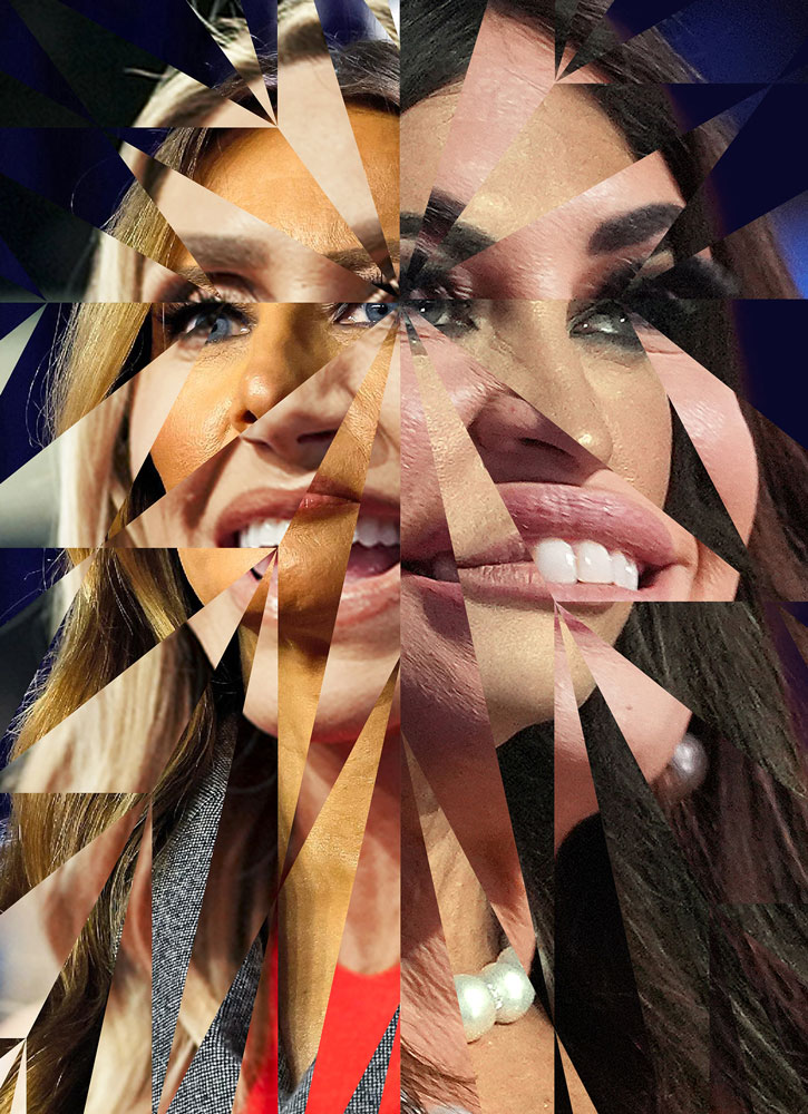 An illustration by Matthieu Bourel with a collage of the faces of Laura Trump, Kimberly Guilfoyle, and Melania Trump. Their faces are fragmented into sharp, angular shards that radiate from a central point. The effect creates a shattered appearance, blending the women's features in a way that distorts and merges their identities.