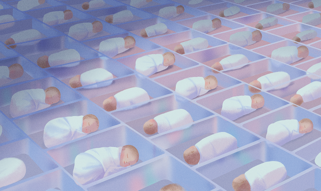 An illustration depicting endless rows of newborn babies, each sleeping in a separate, translucent blue compartment. The compartments form a vast grid that stretches into the distance, viewed from an elevated angle. All the babies are swaddled in white and look similar, creating a sterile, clinical, and unsettling feeling of mass production.