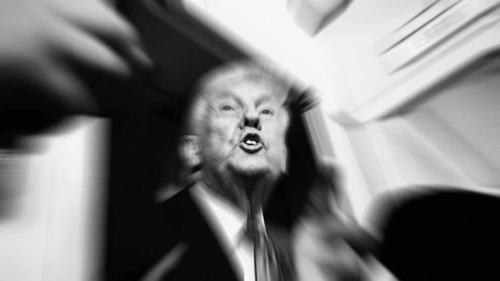 A black-and-white, high-contrast image of Donald Trump, with a zoom-blur effect radiating from his face. His mouth is open as if speaking.
