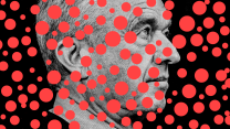 A black and white image of RFK Jr. in profile. He's a middle-aged Caucasian man with a wrinkled eyebrow and lines in the corner of his eyes. Overlaying his image are more than a hundred variously sized red circles, evocative of measles.