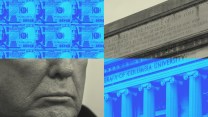 A four-panel collage featuring themes of money, education, and a political figure. The top-left quadrant shows repeated $100 bills in a bright blue filter. The bottom-left is a grayscale close-up of the lower half of Donald Trump's face, showing pursed lips and chin. The right displays the facade of Columbia University’s library building.