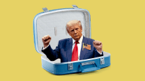 A photo illustration of a teal 1970s-era suitcase against a yellow background. The suitcase is open, with Donald Trump appearing to be popping up from inside. Trump is making a slightly celebratory gesture, as he holds his fists up parallel to his shoulders. He's wearing a distinctly large American flag pin on the left lapel of his blue suit jacket.