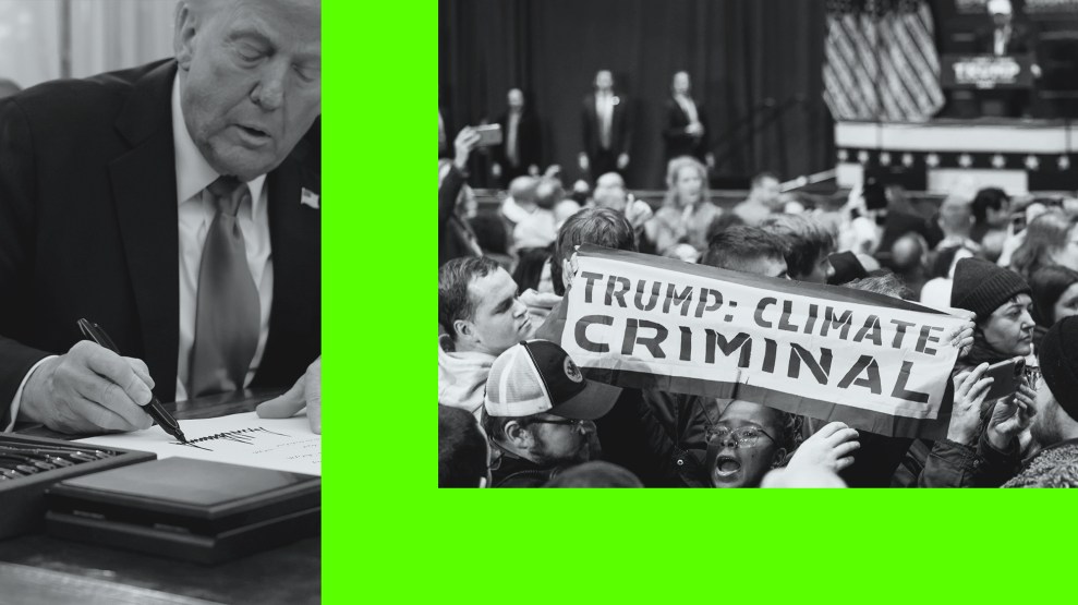 A collage with a photo of Donald Trump signing a document on the left, and a photo of someone holding up a "TRUMP: CLIMATE CRIMINAL" protest sign on the right. There's a bright green shape dividing the photos.