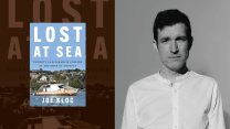 A collage that divides the image in two. On the left half is the book cover for "Lost at Sea," and on the right is a black-and-white photo of the author, a middle-aged Caucasian man in a white collarless, long-sleeve button-up shirt.
