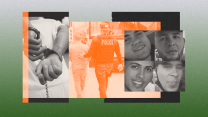 A collage of black-and-white and orange-tinted photos on a green gradient background. The collage shows a close-up image of a person with his hands cuffed behind his back on the right. The center photo tinted in orange shows a person with police on the back of his vest escorting a man in t-shirt and jeans. On the far right of the illustration are four tightly cropped faces. The top left face shows a man smiling with braces on his teeth. The second man, who's bearded, stares into the camera with a relaxed expression. The man, bottom right, sticks out his tongue at the camera playfully. The man, bottom left, wears an easy smile.