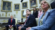 President Donald Trump speaking in the Oval Office with Vice President JD Vance, Secretary of State Marco Rubio and Attorney General Pam Bondi seat next to him.