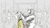 AN illustration of a woman tying pack a kid's hair, with more kids in the background entering a school