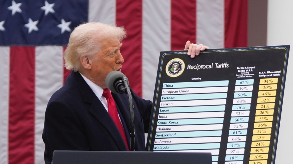 Donald Trump holds a chart labeled "reciprocal tariffs," listing particular rates the US will levy on imports from dozens of countries.