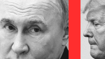 A diptych of two black-and-white photos divided by a red stripe. On the left is a tightly cropped image of Vladimir Putin, as seen from his nose to his forehead. He's looking to our right. To the right is a tightly cropped photo of Donald Trump looking pensive with some regret with pursed lips.