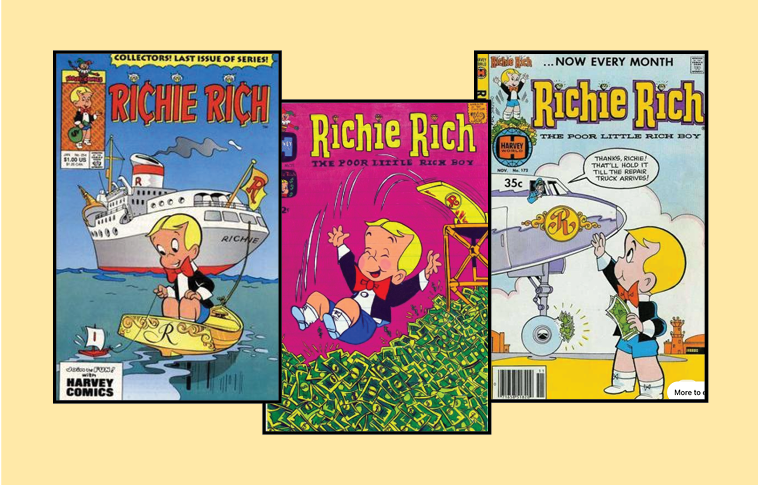 Three comic book covers show Richie Rich in a golden row boat tied up to a large ship flying a golden R flag, swimming in a pool of cash, and waving at a large plane with a golden R logo.