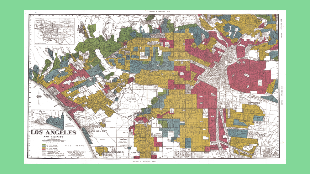 An old-timey map of Los Angeles with parts of the city labelled red, yellow, blue, and green.