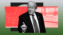 A photo collage that centers Donald Trump speaking, holding up his index finger, in front of snippets of a map of South Sudan on the left, and a photo of the Port Isabel Detention Center on the right. Donald Trump is in black and white. The images behind him are in a gradient of red. And the background of the collage is a green gradient.