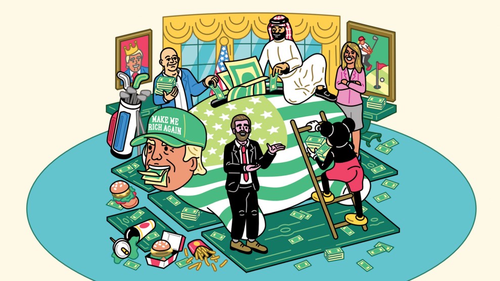 Illustration of Donald Trump as a money bank, with Bezos, a Saudi investor, and Mickey Mouse stuffing so much money inside of him he is overflowing and has collapsed on the Oval Office carpet.