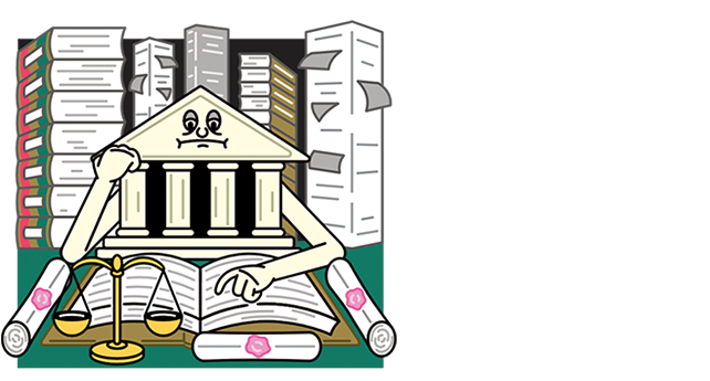 Illustration of a courthouse surrounded by law books and stacks of paper, looking exhausted.