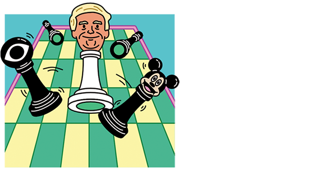 Illustration of Trump as a chess piece, smashing a Disney pawn and CBS pawn out of the way and off the board.