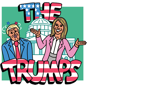 Illustration of a 90's style sitcom introduction with Melania Trump shrugging and Donald Trump looking like a confused clown.