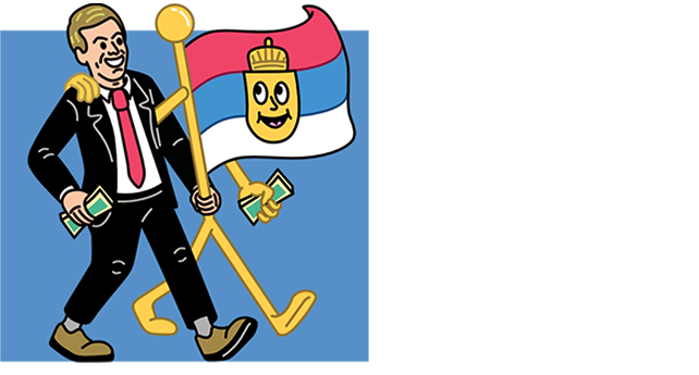 Illustration of Jared Kushner walking with his arm around a smiling Serbian flag; they both clutch cash in their hands.