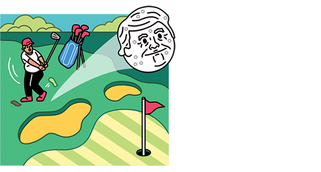 Illustration of a golfer wearing a MAGA hat and hitting a golf ball with Trump's face on it.