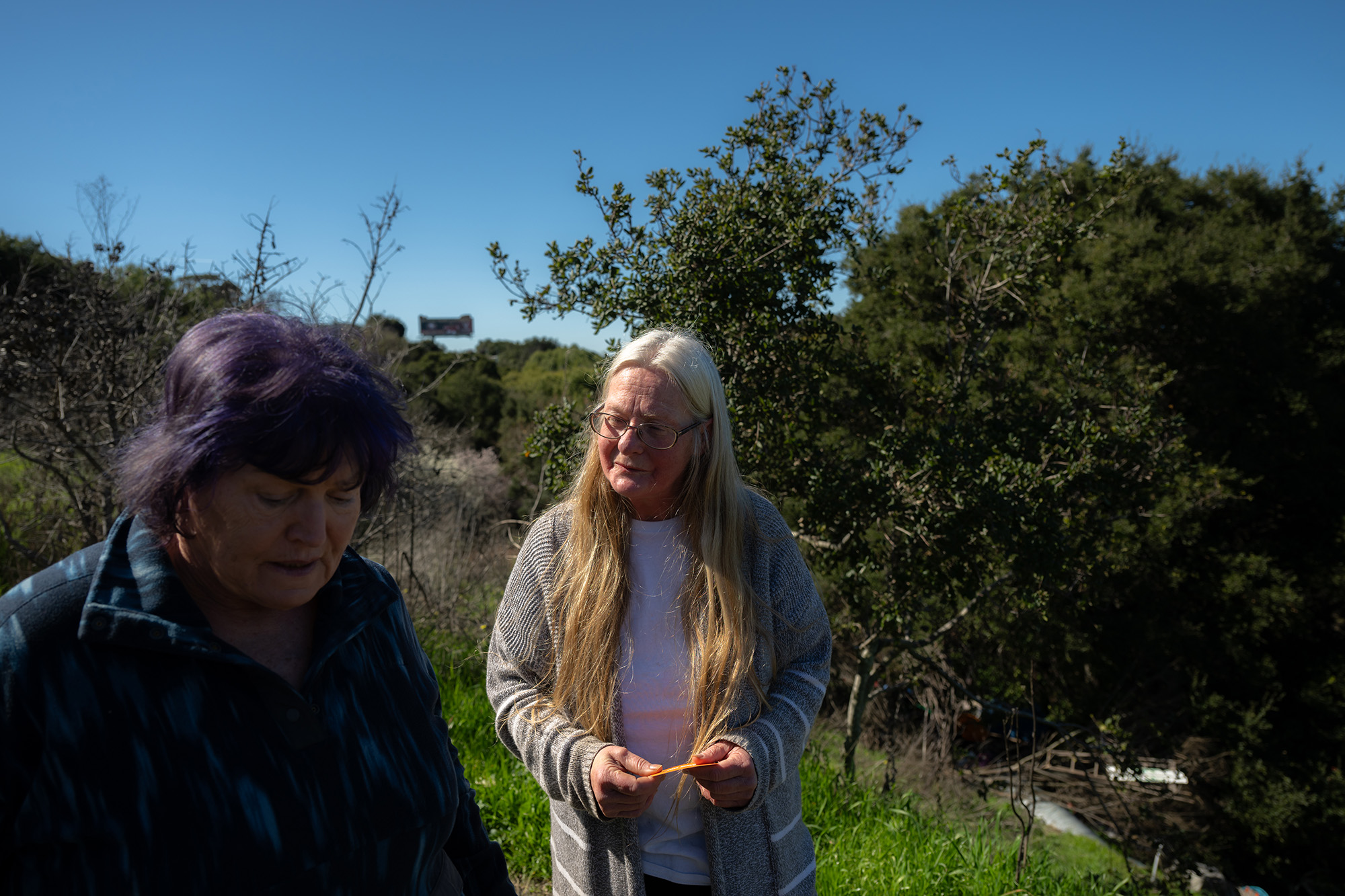 Two women on a grassy hillside.