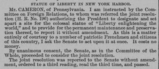 Image of Congressional Record transcript of Statue of Liberty congressional proceedings
