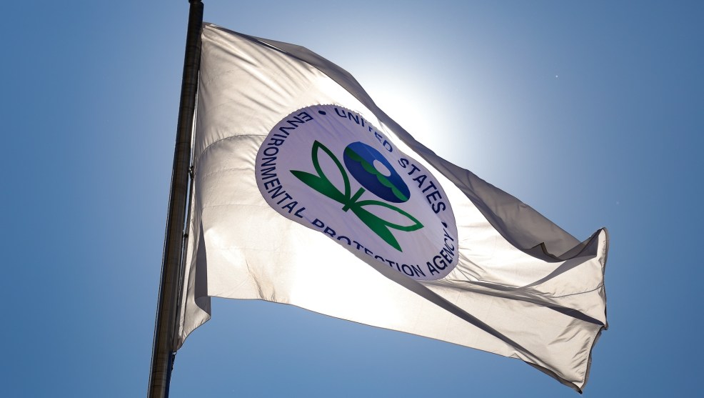 A flag representing the United States Environmental Protection Agency is seen outside of the agency's offices at the Ronald Reagan Building and International Trade Center in Washington, D.C.