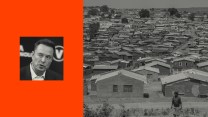 A diptych image. On the left, a black-and-white close-up portrait of Elon Musk is set against a solid, bright orange square. On the right, a black-and-white photograph shows a sprawling, densely packed settlement of many small, simple, low-lying dwellings, suggesting a shantytown or impoverished area, with a lone figure walking in the foreground.