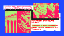 A photo collage in blue, magenta and green of a photo of the Supreme Court, the seal of the Department of Homeland Security, documents, and a photo of a protest. In the protest, people hold signs that read: "NO PERSON IS ILLEGAL." One of the documents reads "Termination of Parole Processes for Cubans, Haitians, Nicaraguans, and Venezuelans.